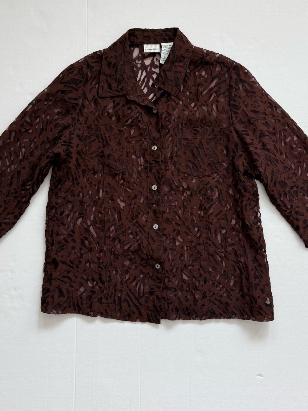 White Stag Chocolate Brown Button-Down Shirt with Sheer Leaf Pattern